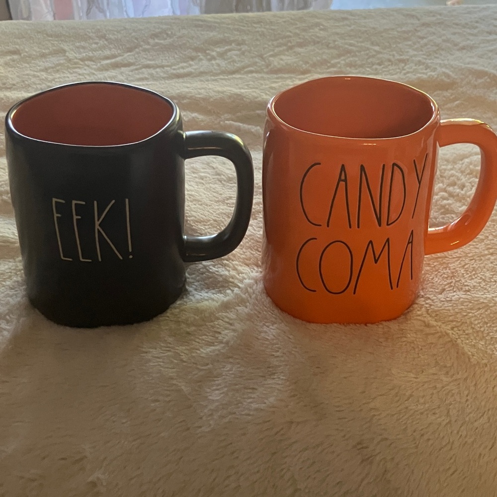 Rae Dunn EEK! and CANDY COMA Mugs - Black and Orange 4 7/8 inches in height each